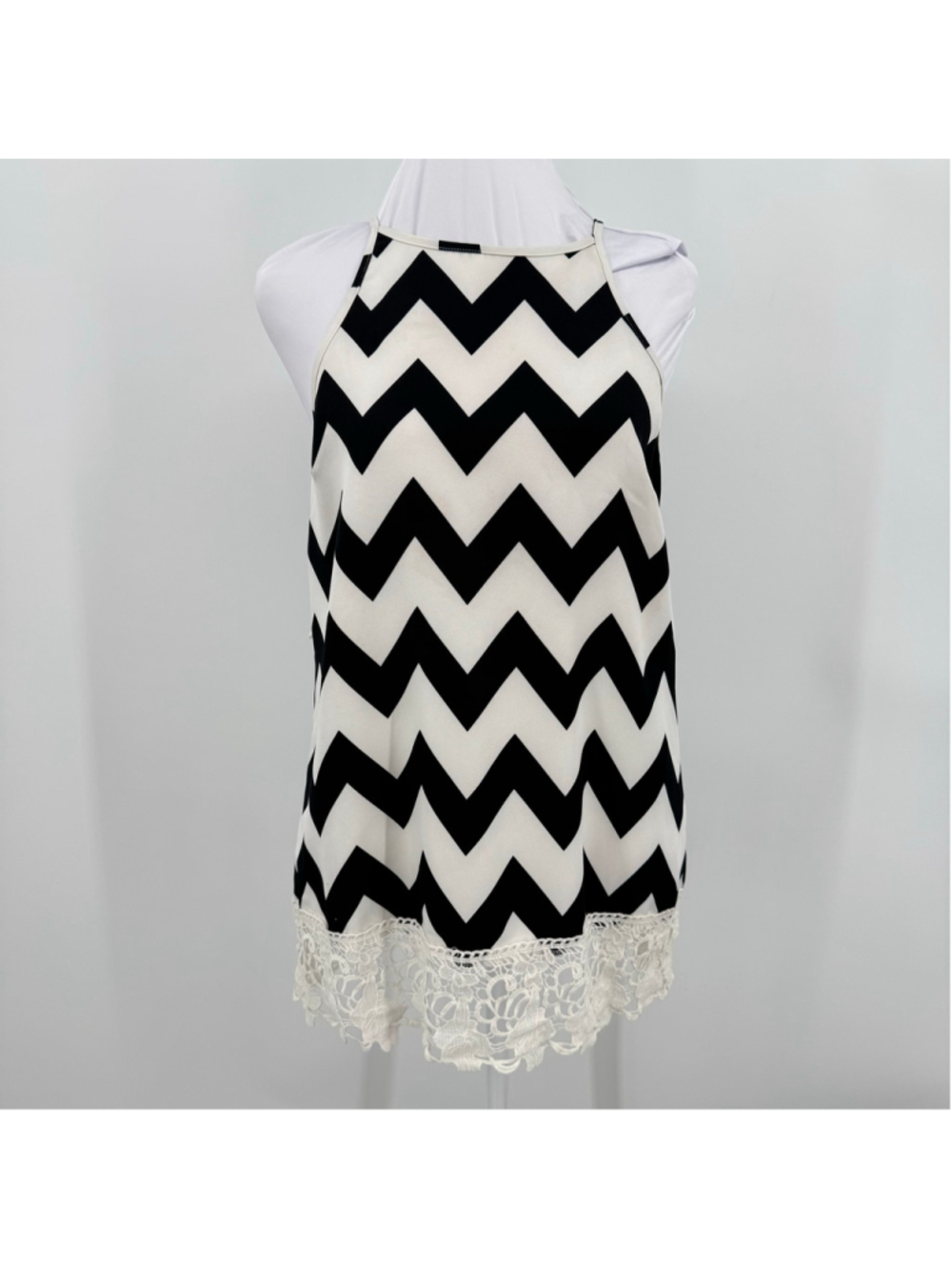 Chevron Striped Cami Lace Trim Cream & Black Tunic Length Sunny Girl Size Small